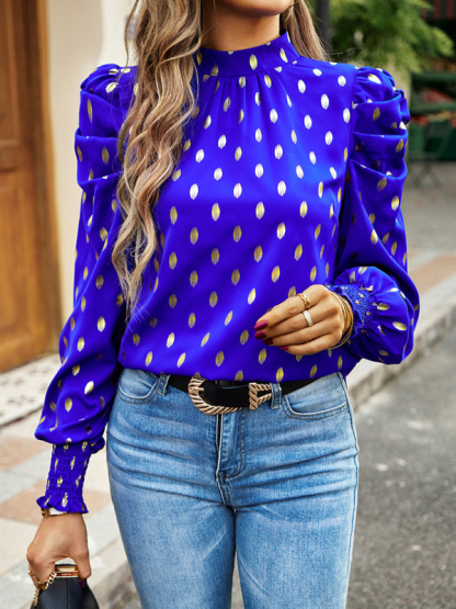 Gold Dot Print Temperament commuting round neck long-sleeved blouse-chiquechics