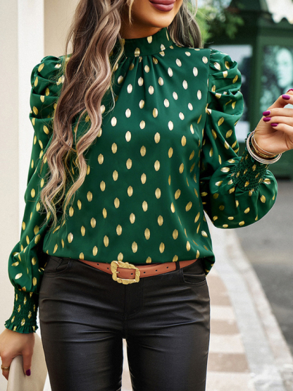 Gold Dot Print Temperament commuting round neck long-sleeved blouse-chiquechics