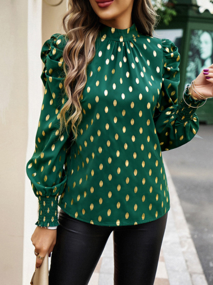Gold Dot Print Temperament commuting round neck long-sleeved blouse-chiquechics