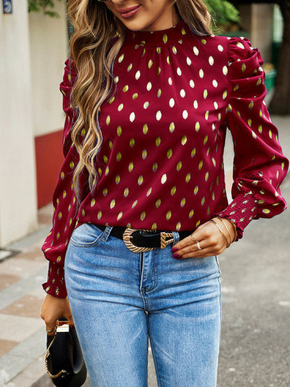Gold Dot Print Temperament commuting round neck long-sleeved blouse-chiquechics