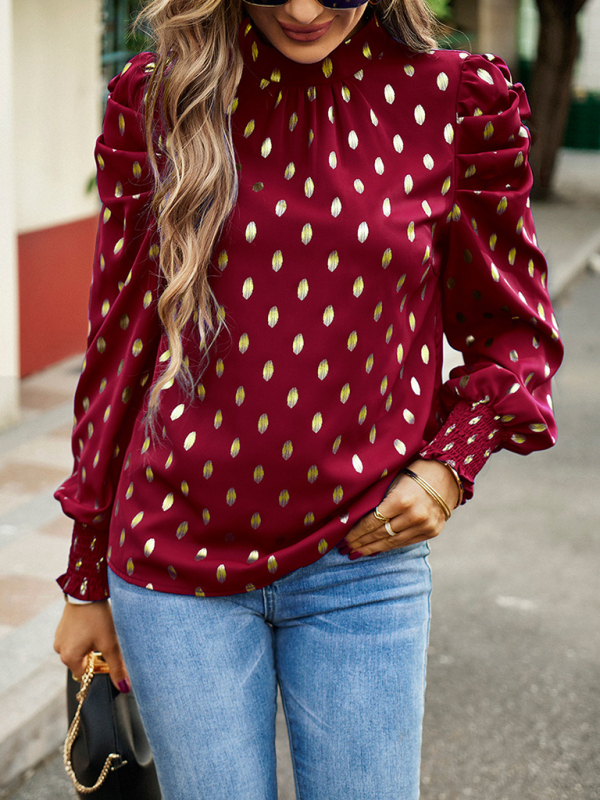 Gold Dot Print Temperament commuting round neck long-sleeved blouse-chiquechics