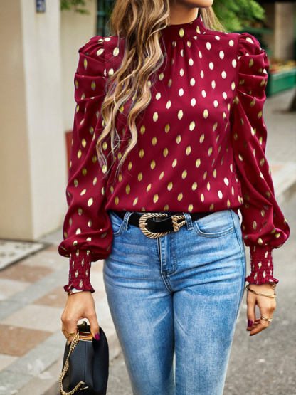 Gold Dot Print Temperament commuting round neck long-sleeved blouse-chiquechics