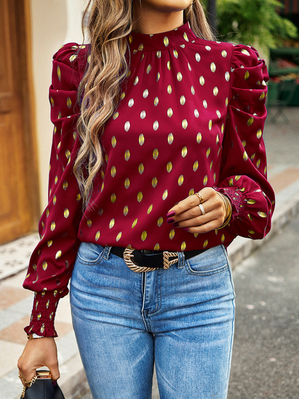 Gold Dot Print Temperament commuting round neck long-sleeved blouse-chiquechics