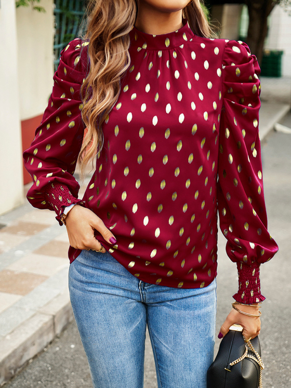 Gold Dot Print Temperament commuting round neck long-sleeved blouse-chiquechics