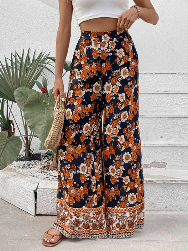 New floral fashion print wide-leg pants-chiquechics