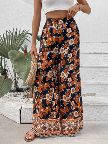 New floral fashion print wide-leg pants-chiquechics