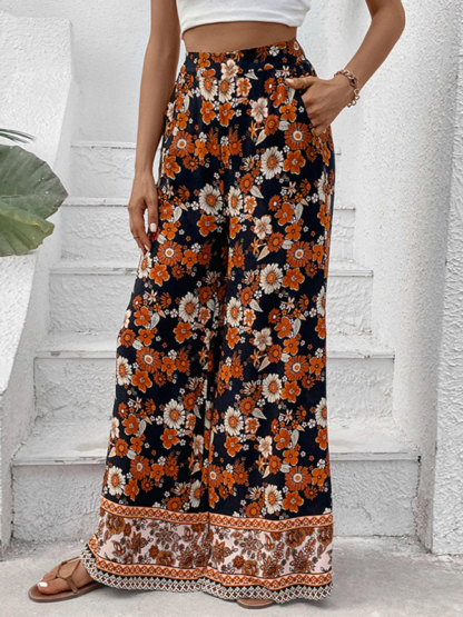 New floral fashion print wide-leg pants-chiquechics