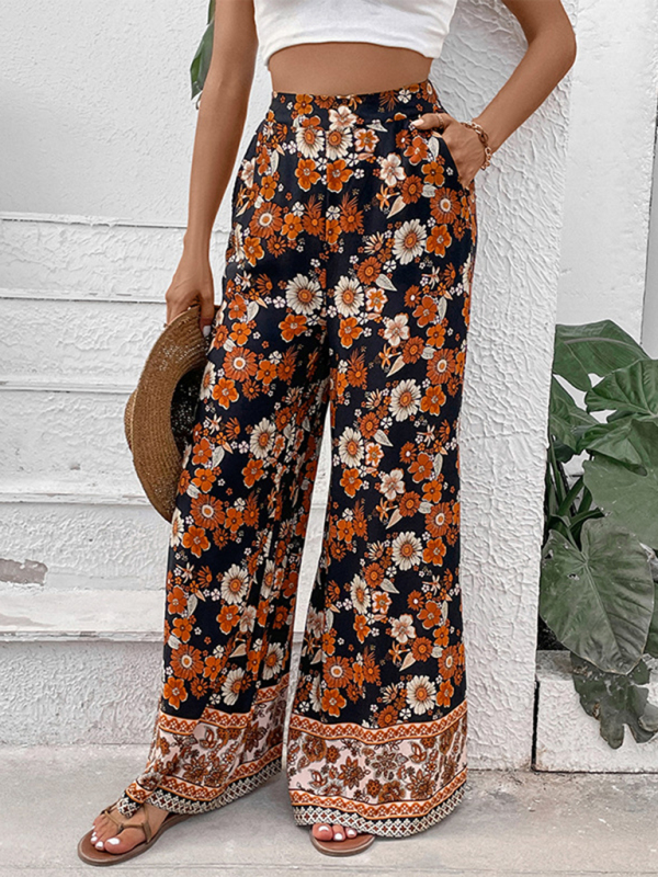 New floral fashion print wide-leg pants-chiquechics