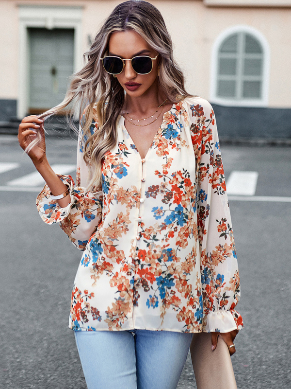 Elegant floral print shirt with V-neck buttons blouse-chiquechics