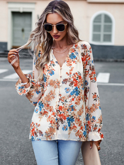 Elegant floral print shirt with V-neck buttons blouse-chiquechics
