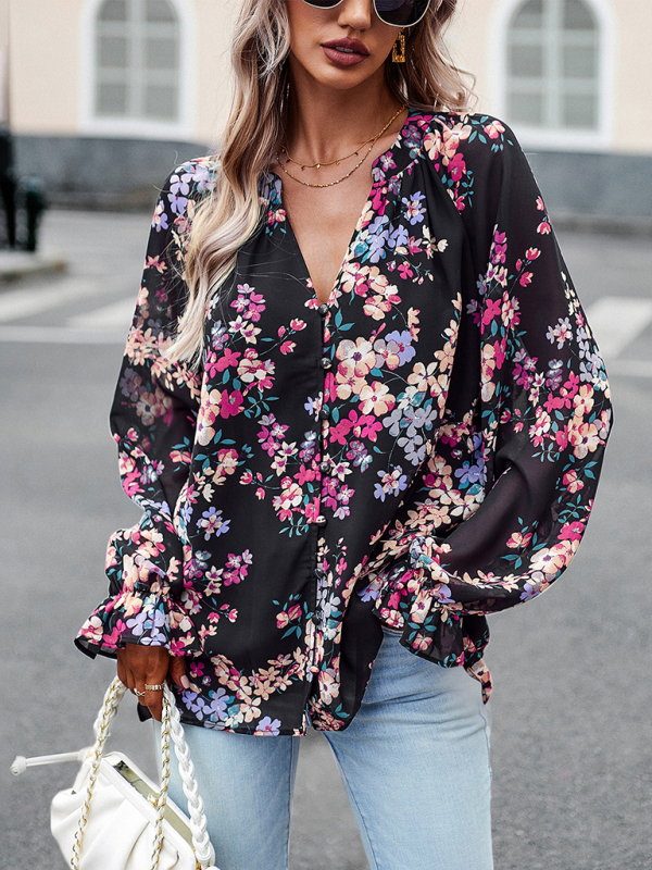 Elegant floral print shirt with V-neck buttons blouse-chiquechics