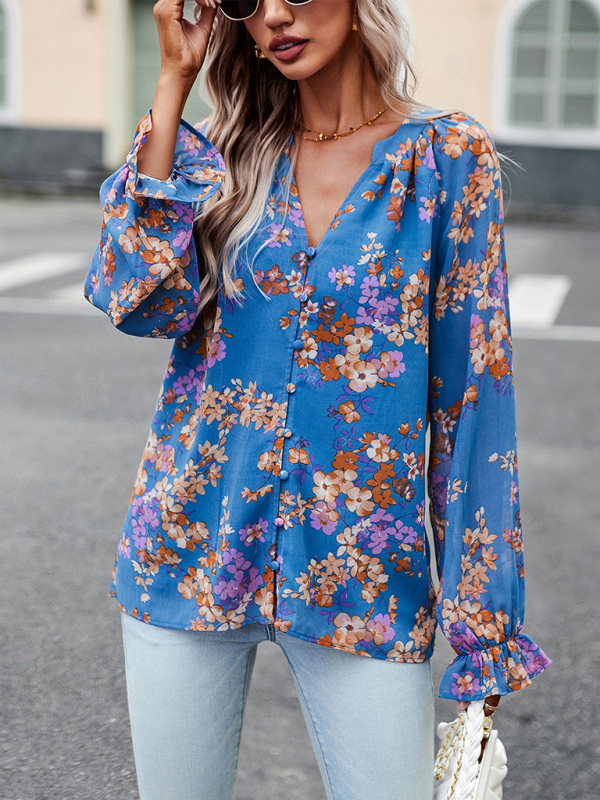 Elegant floral print shirt with V-neck buttons blouse-chiquechics