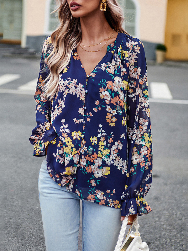Elegant floral print shirt with V-neck buttons blouse-chiquechics