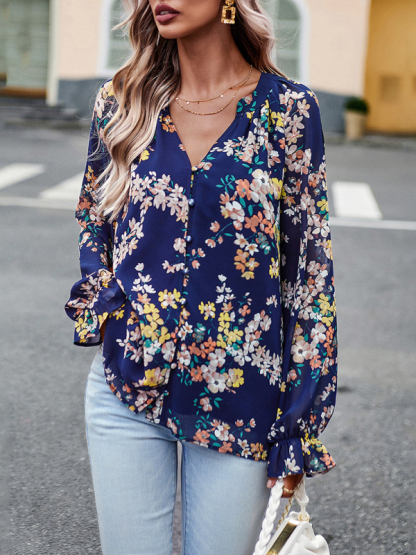 Elegant floral print shirt with V-neck buttons blouse-chiquechics