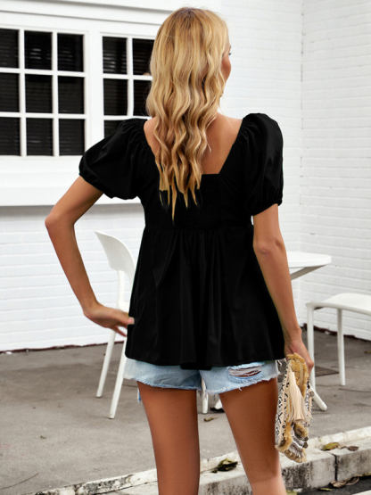 New style solid color shirt temperament commuter V-neck short-sleeved top-chiquechics