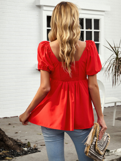 New style solid color shirt temperament commuter V-neck short-sleeved top-chiquechics