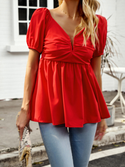 New style solid color shirt temperament commuter V-neck short-sleeved top-chiquechics