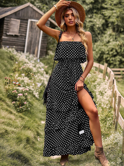 New one-shoulder wave point slit sexy dress-chiquechics