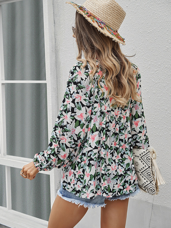 New style casual holiday style floral long-sleeved tie shirt top-chiquechics