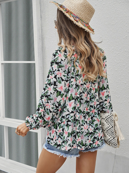 New style casual holiday style floral long-sleeved tie shirt top-chiquechics