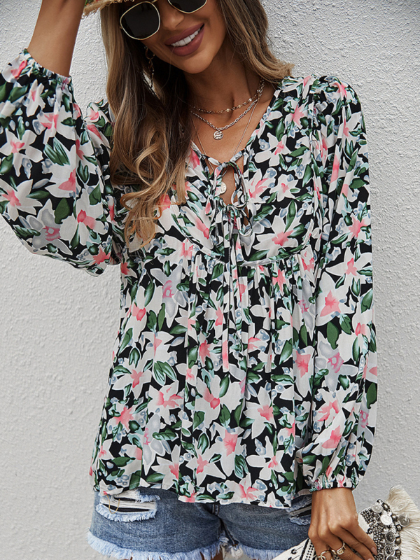 New style casual holiday style floral long-sleeved tie shirt top-chiquechics