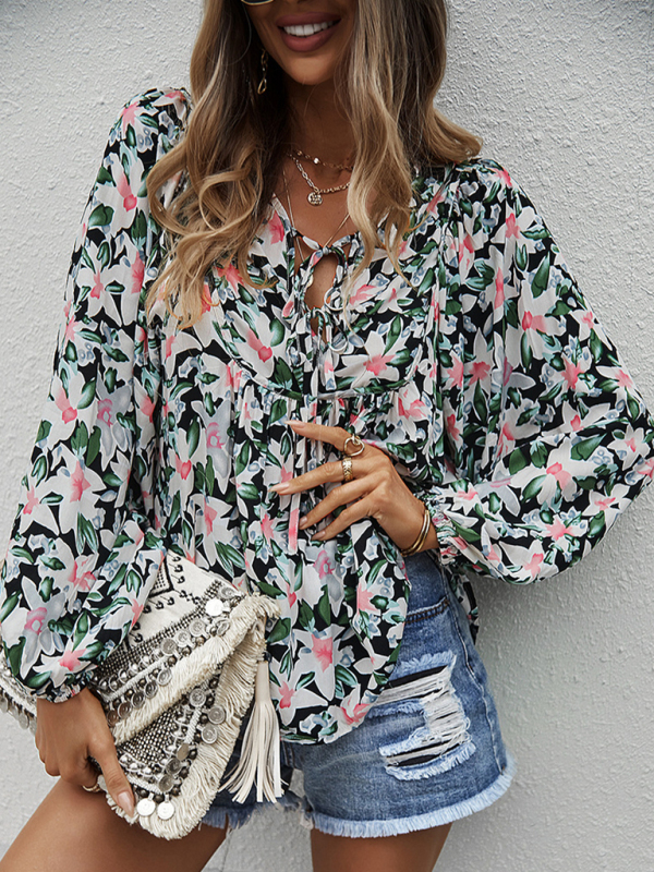 New style casual holiday style floral long-sleeved tie shirt top-chiquechics