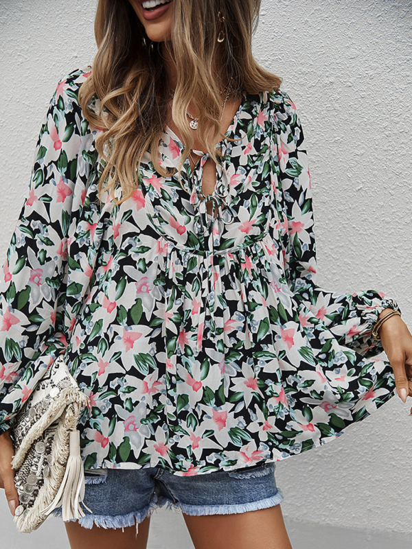 New style casual holiday style floral long-sleeved tie shirt top-chiquechics