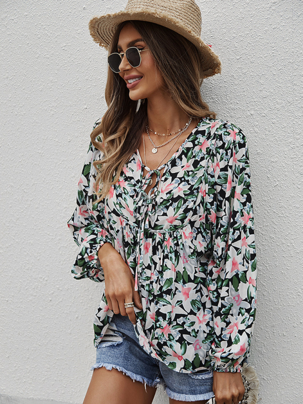 New style casual holiday style floral long-sleeved tie shirt top-chiquechics