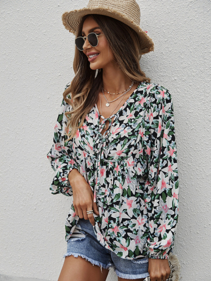New style casual holiday style floral long-sleeved tie shirt top-chiquechics