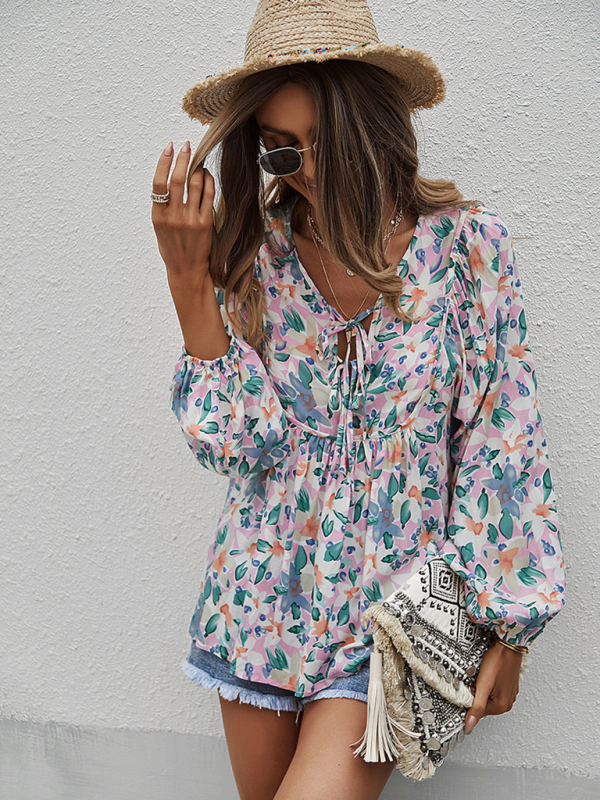 New style casual holiday style floral long-sleeved tie shirt top-chiquechics