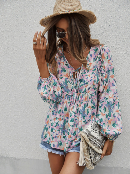 New style casual holiday style floral long-sleeved tie shirt top-chiquechics