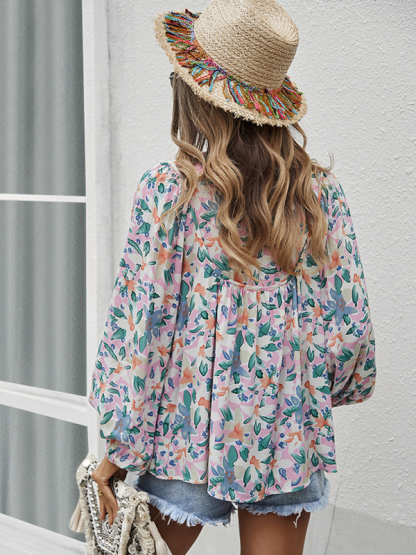 New style casual holiday style floral long-sleeved tie shirt top-chiquechics