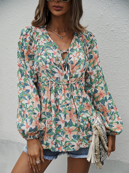 New style casual holiday style floral long-sleeved tie shirt top-chiquechics
