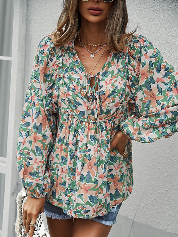 New style casual holiday style floral long-sleeved tie shirt top-chiquechics