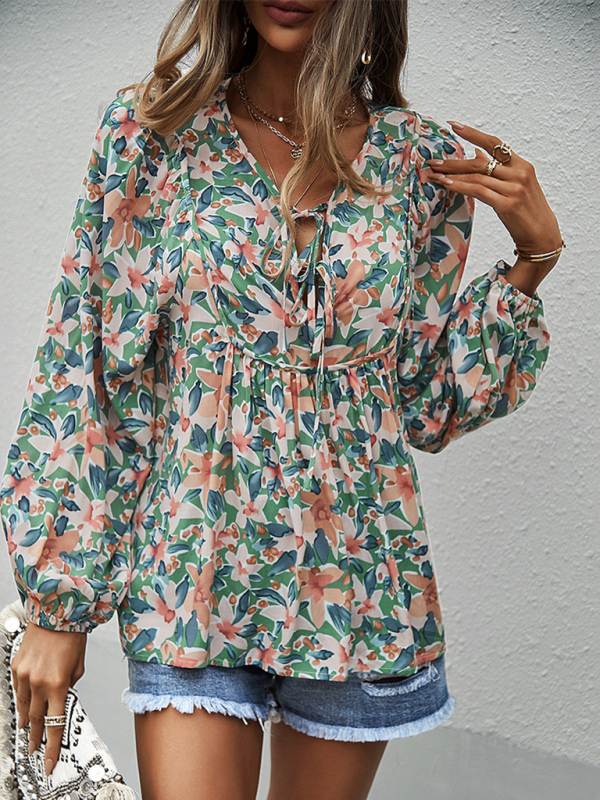 New style casual holiday style floral long-sleeved tie shirt top-chiquechics