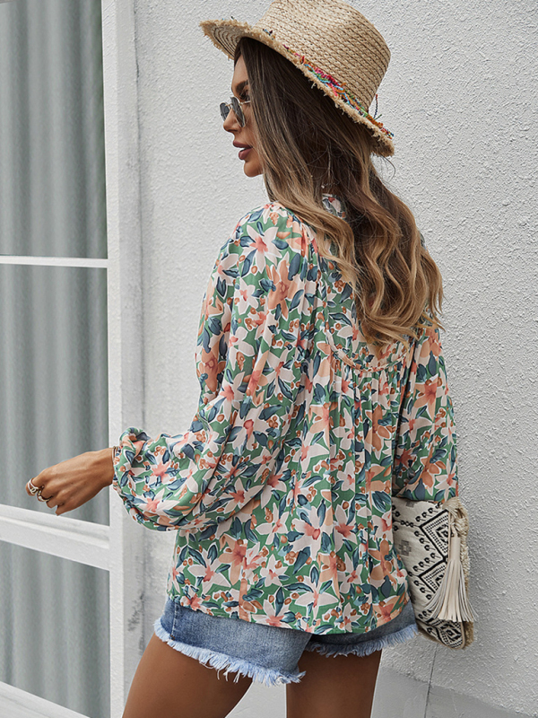 New style casual holiday style floral long-sleeved tie shirt top-chiquechics