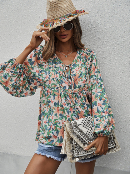 New style casual holiday style floral long-sleeved tie shirt top-chiquechics