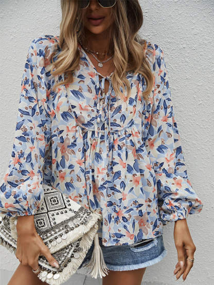 New style casual holiday style floral long-sleeved tie shirt top-chiquechics