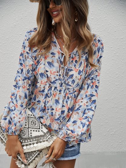 New style casual holiday style floral long-sleeved tie shirt top-chiquechics