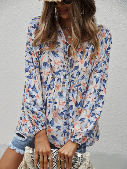New style casual holiday style floral long-sleeved tie shirt top-chiquechics