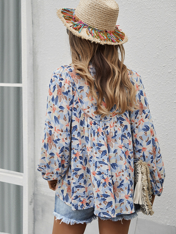 New style casual holiday style floral long-sleeved tie shirt top-chiquechics