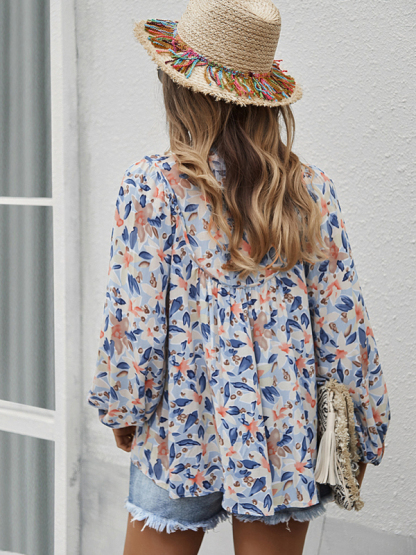 New style casual holiday style floral long-sleeved tie shirt top-chiquechics