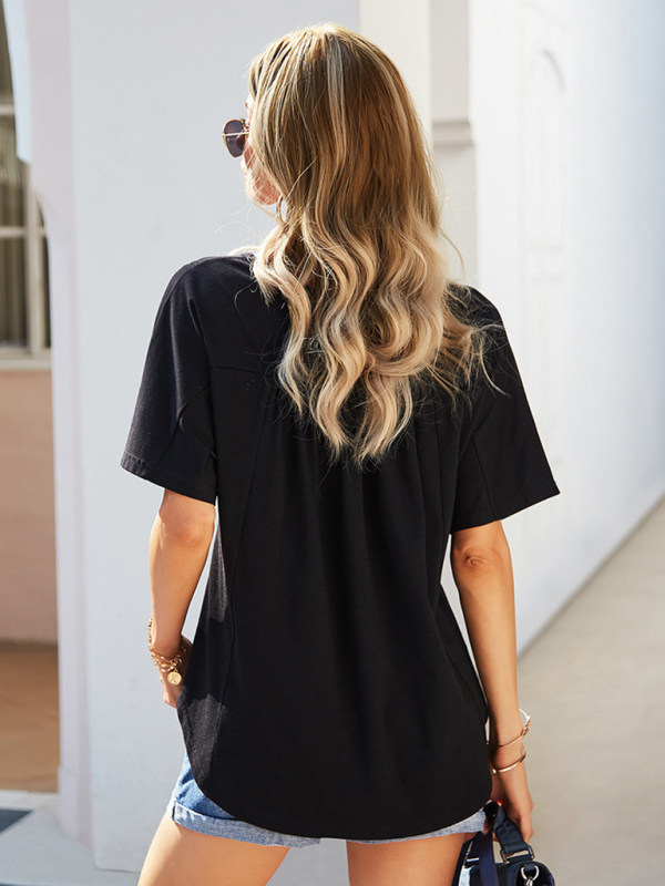 New casual V-neck solid color babydoll short-sleeved T-shirt-chiquechics