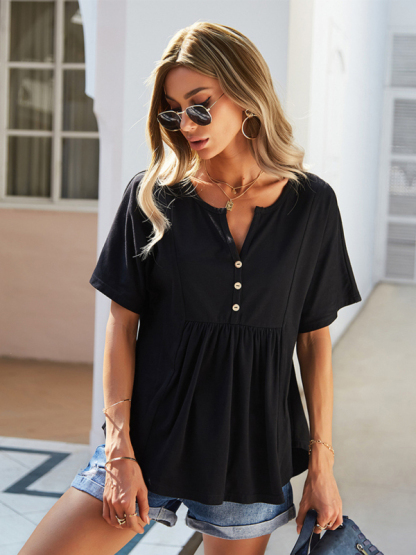 New casual V-neck solid color babydoll short-sleeved T-shirt-chiquechics