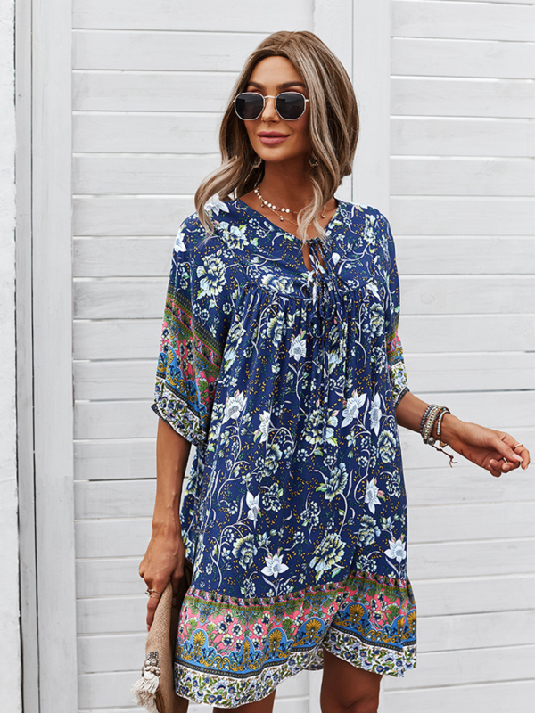 New casual V-neck positioning flower new product loose skirt-chiquechics
