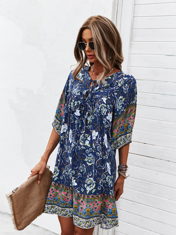 New casual V-neck positioning flower new product loose skirt-chiquechics