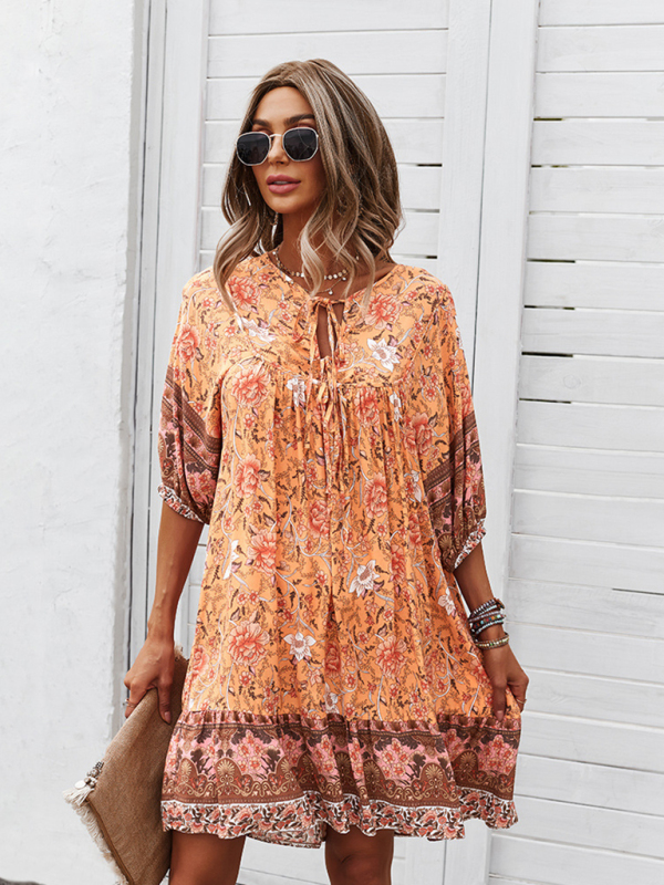 New casual V-neck positioning flower new product loose skirt-chiquechics