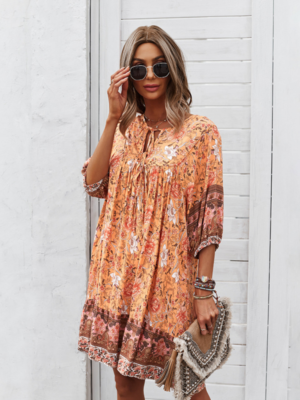 New casual V-neck positioning flower new product loose skirt-chiquechics
