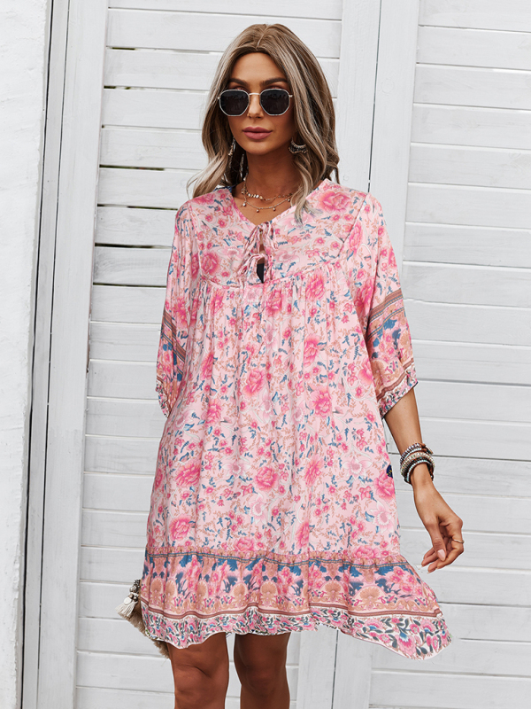 New casual V-neck positioning flower new product loose skirt-chiquechics