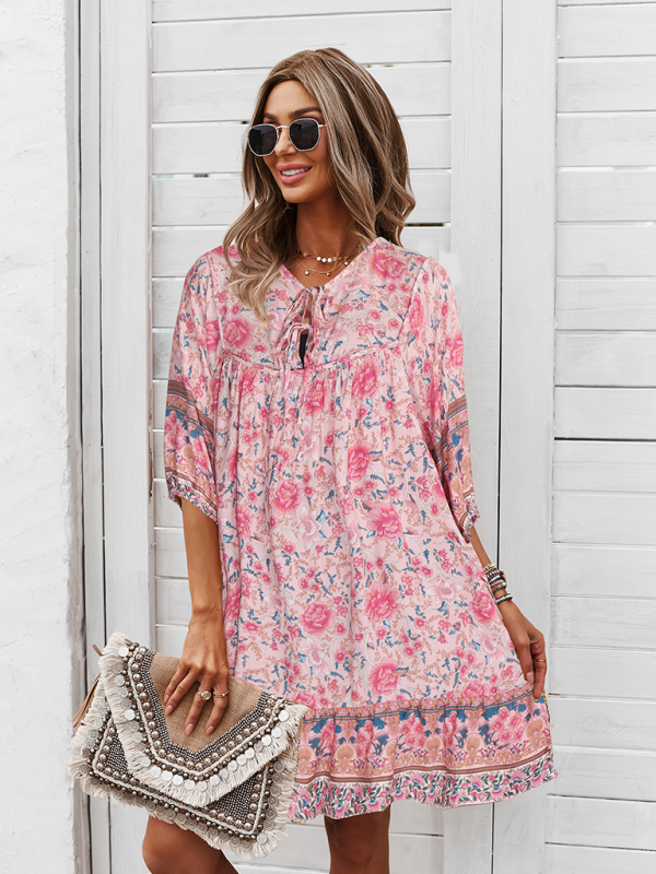 New casual V-neck positioning flower new product loose skirt-chiquechics